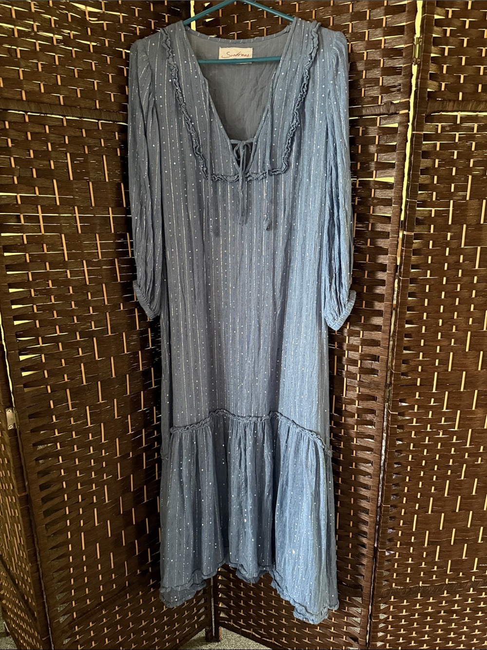 Sundress USA Dusty Blue Gauze Long Sleeve Tiered Maxi Dress